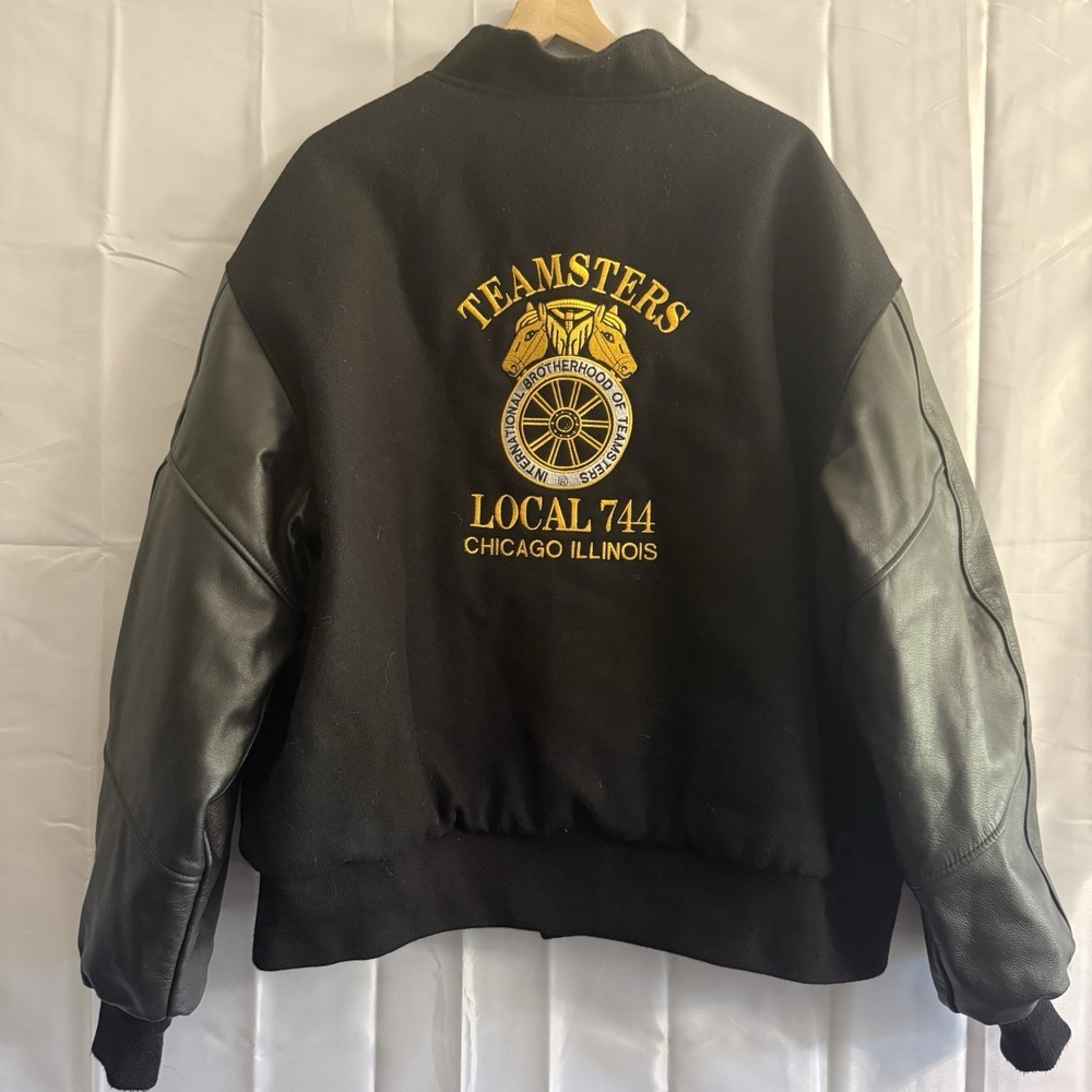 Leather USA Teamsters Local 744‎ Chicago Union Jacket Mens 2XL Wool Black Coat